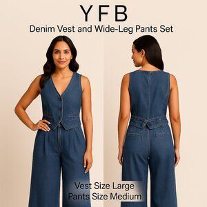 YFB Denim Vest & Wide-Leg Pants Set Medium Wash Size L Vest / M Pants